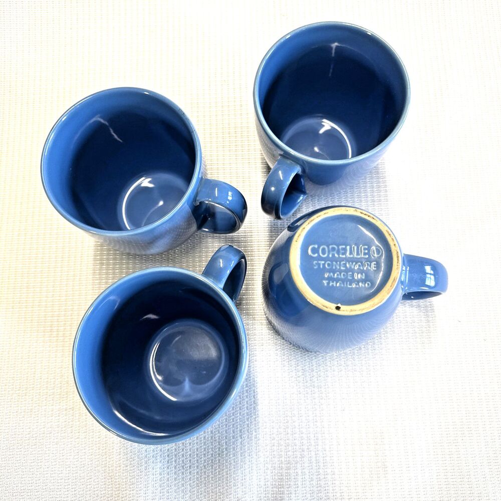 Set of 4 - Corelle BLUE Stoneware Coffee Mugs Tea Cups - Made in Thailand
